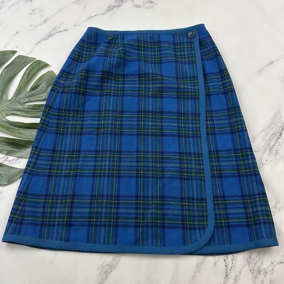 Pendleton Womens Vintage 60s Blanket Wrap Skirt Size 14 Blue Green Plaid Wool - Picture 1 of 9